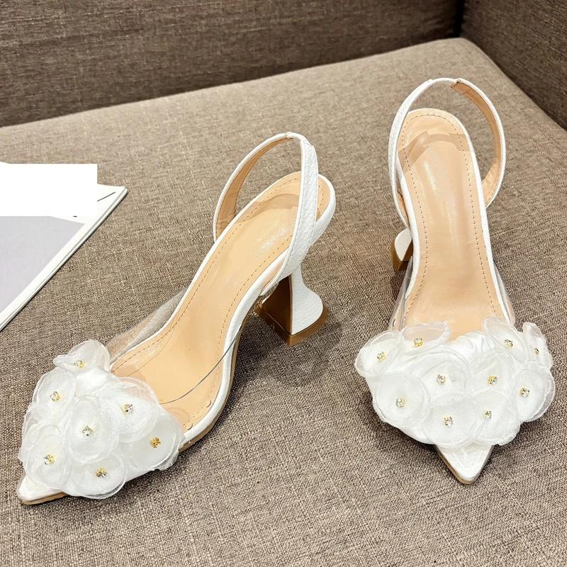 Fashion Eilyken Designer Slingbacks Pointed Toe Flower PVC Transparent Women Pumps Crystal High Heels Party Elegant Female Shoes