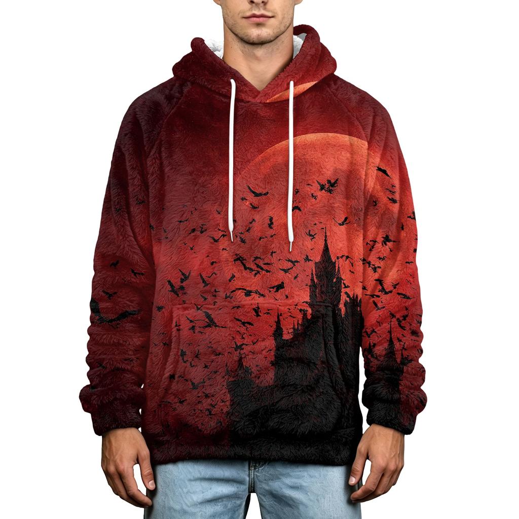 Men's Fall Winter Halloween Print Plus Size Hooded Flannel Sweatshirt Casual Trendy Streetwear