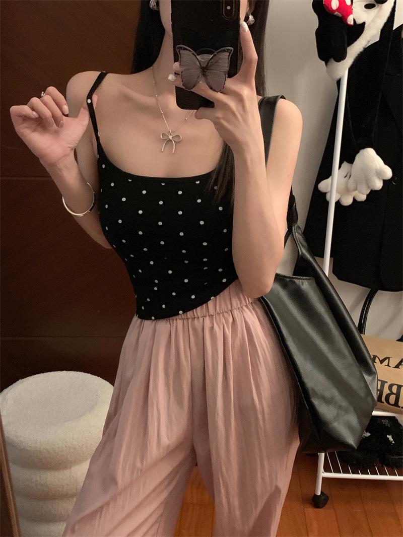 Polka Dot Spaghetti Strap Backless Tank Top - Women s Slim Summer Bandeau One Size чёрный
