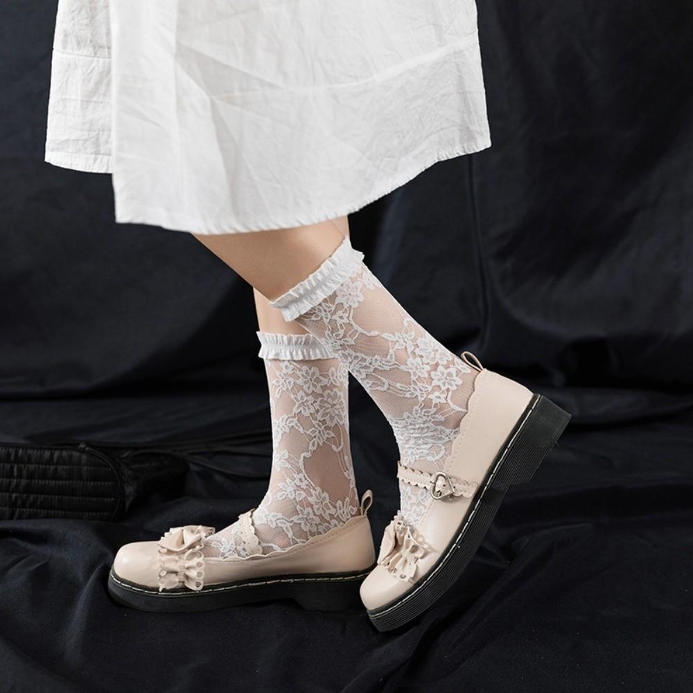 Ruffle Lolita JK Mid-Calf Socks Net Socks Mid-Calf and Long Flower Leg Warmers Transparent Academy Style Lace Silk Hosiery Gift
