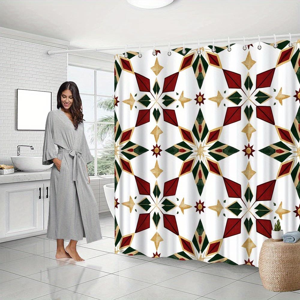 Geometric Star Curtain, Red-Green-Gold Design, Polyester, Diamonds & Triangles, Fade Resistant, Machine Washable, Bath Decor
