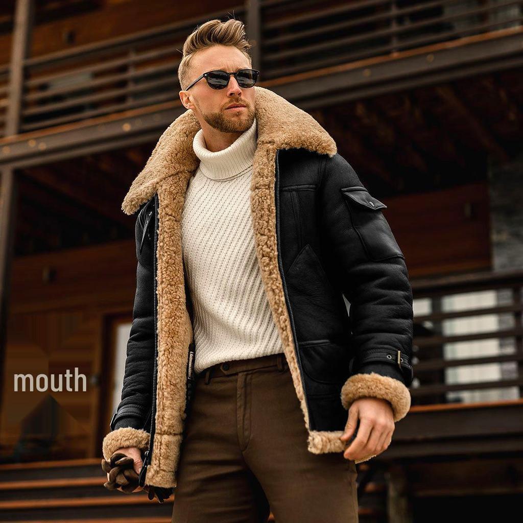 Men's 2021 Faux Leather Shearling Jacket - Thickened Mid-Length Fleece Coat