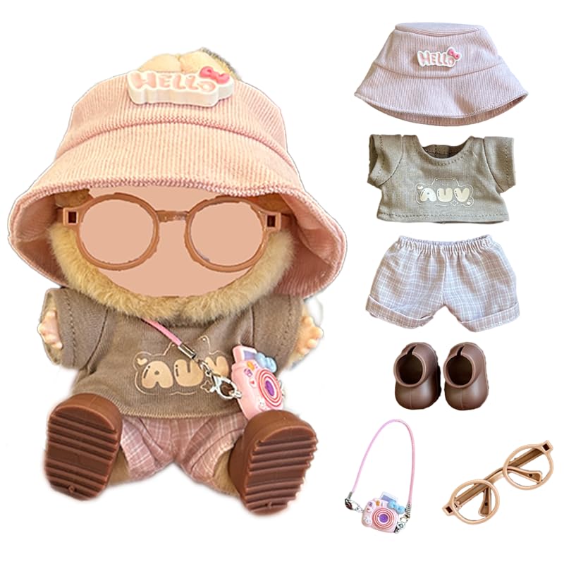 For Labubu doll clothes (doll not included) - 6-piece set for 15cm-17cm dolls: hat, top, pants, shoes, glasses, and camera bag. DIY accessory doll