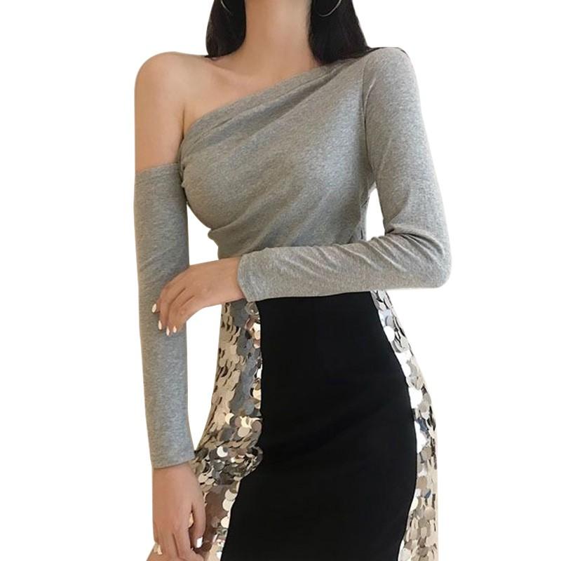 

Женская футболка с косыми плечами и длинным рукавом, без бретелек