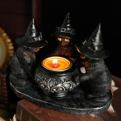 Halloween Black Cats Candle Holder Gothic Resin Cat with Witch Hat Statue Tea Light Holder for Indoor Party Mantel Coffee Table Centerpiece