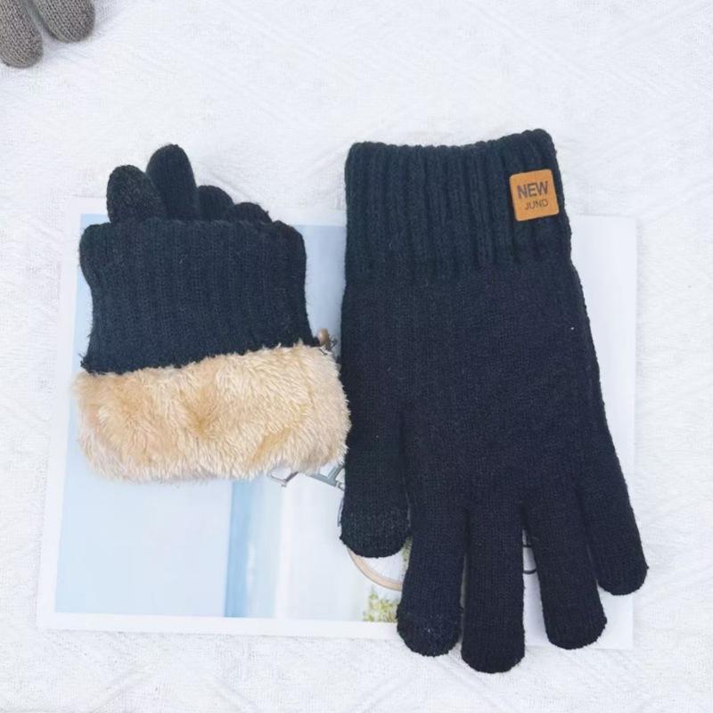 

Men s Warm Gloves for Winter Cold Protection Double Layer Solid Color Knitted Gloves for Outdoor Cycling чорний
