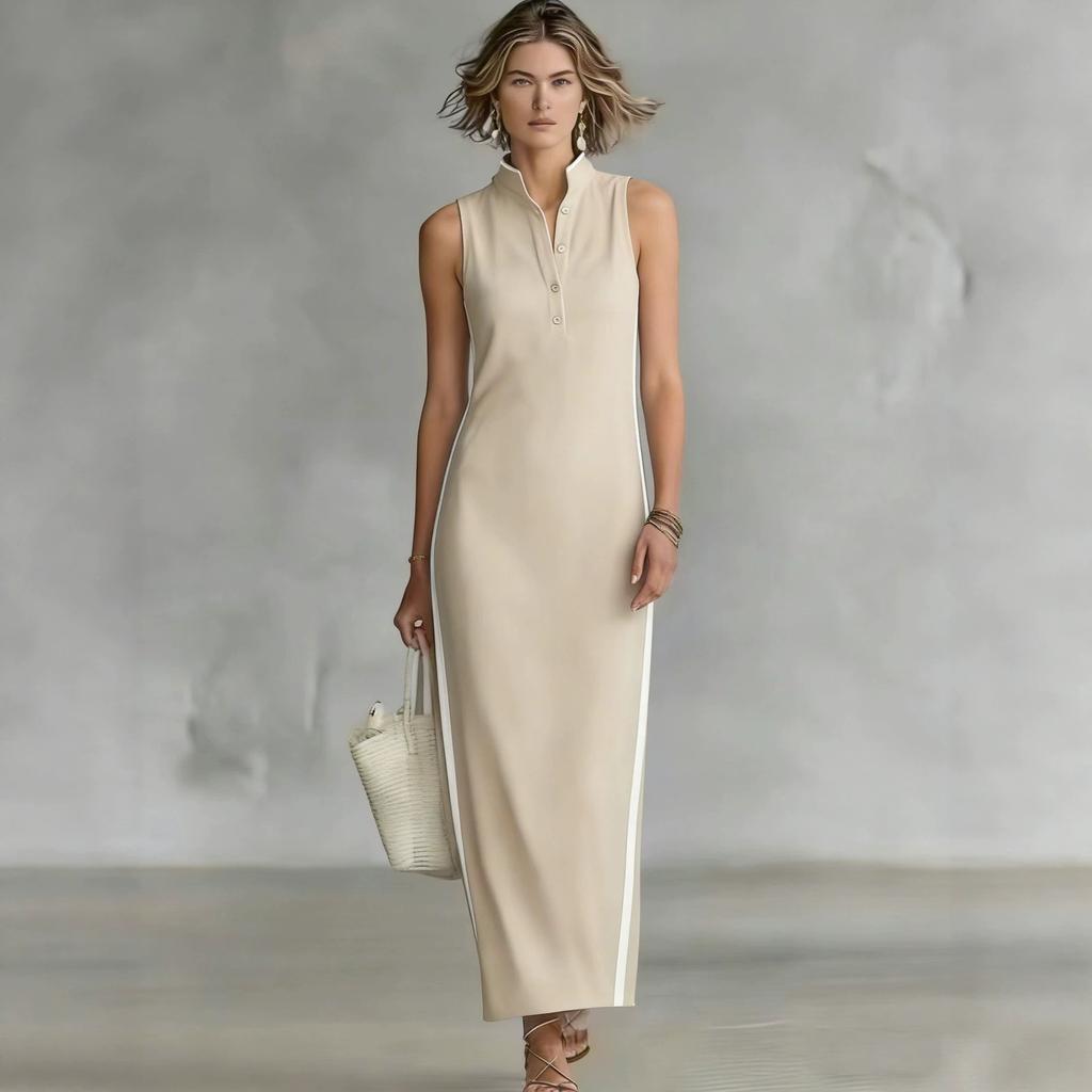 New women's style simple button-neck sleeveless long slim-fitting dress