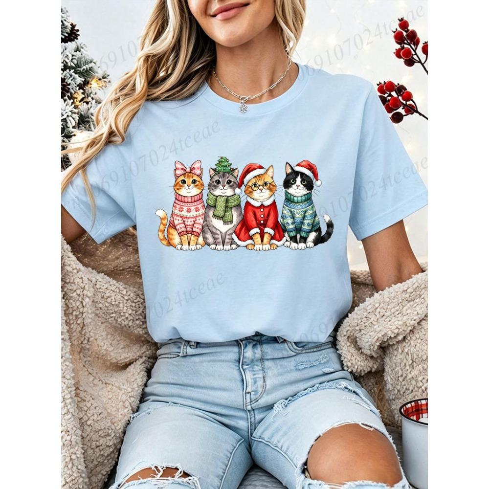 Xmas Cats Printed T‑Shirt Women Funny Cat Graphic Christmas Party Casual Short Sleeve Tops Family Holiday