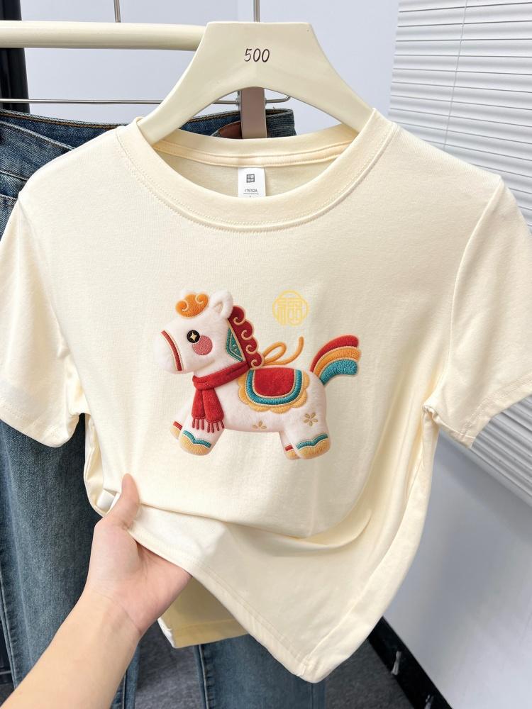 2026 Women's Plus Size T-shirt: Little Horse Print, Round Neck, Short Sleeve, Stylish, Tummy-Covering Design