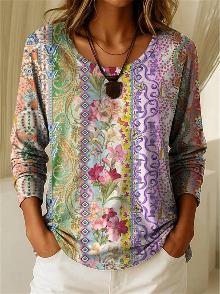 Women's Stylish Long-Sleeve Autumn Top Casual Crew-Neck T-Shirt with Vintage Ethnic-Style Print Loose Fit Street-Style Design