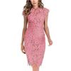 Women's Stand Collar Sleeveless Pencil Midi Dress Casual Lace Trim Solid Color Dress