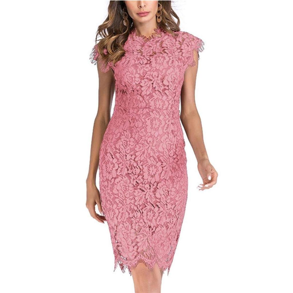 Women's Stand Collar Sleeveless Pencil Midi Dress Casual Lace Trim Solid Color Dress