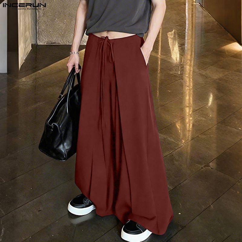 INCERUN Men Drawstring Elastic Waist Casual Long Wide Legs Pants Trousers