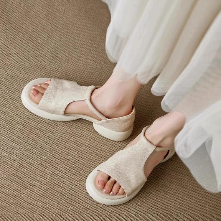Huge Good-looking Soft Leather Soft-soled Retro Casual Open-toed Sandals Women's Summer Medium Heel Thick-soled Fish Mouth Roman Shoes Are Not Tired