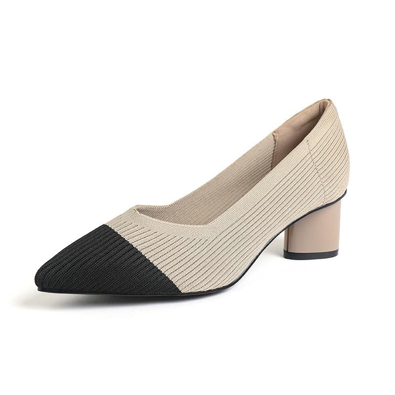 Fashion 2025 Pointed Toe Middle Heel Breathable Comfortable Knitted Shoes Women Shallow Mouth Chunky Heel Fashion Zapatos De Mujer Pumps
