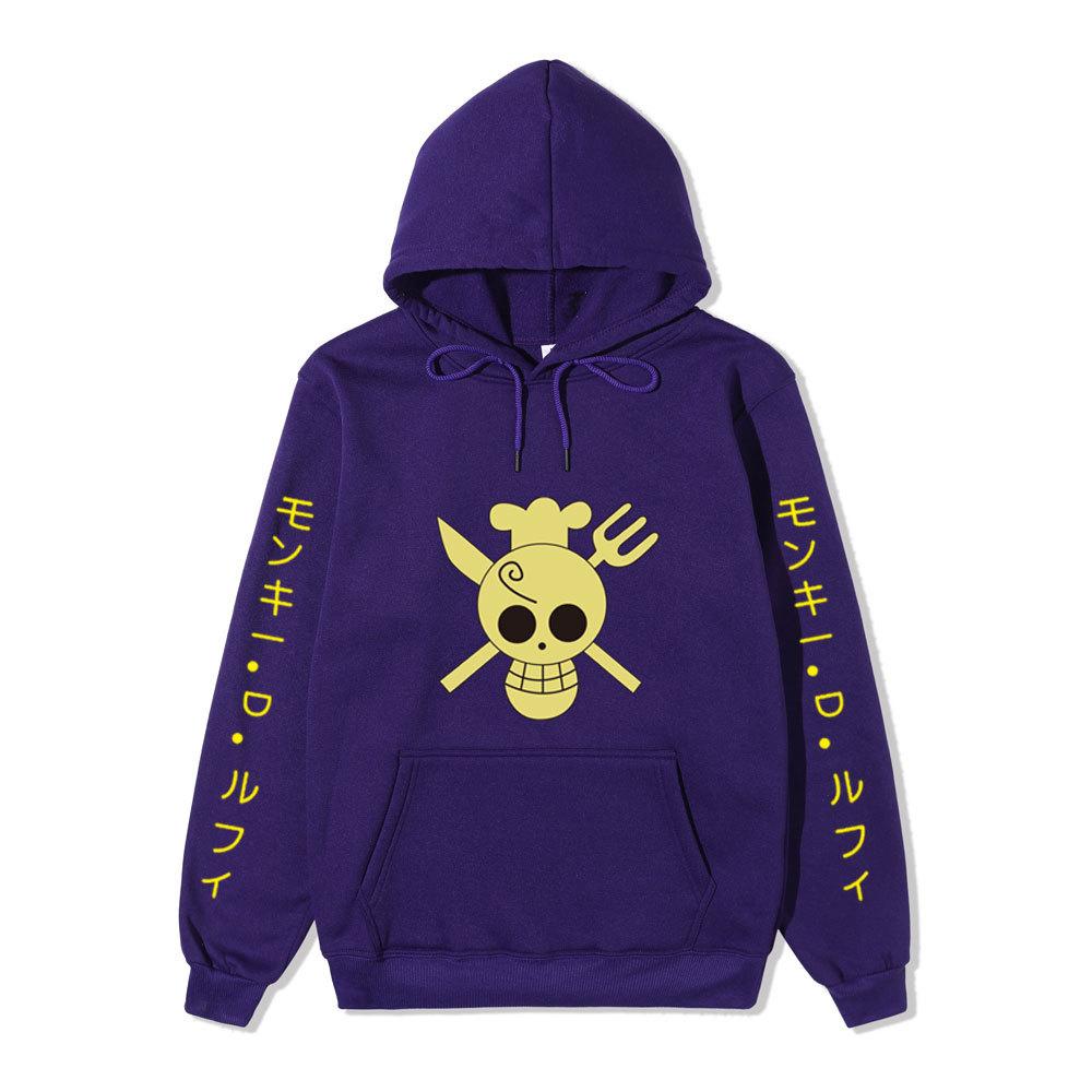 One Piece Sanji Hoodie, Chef Pirate Skull Logo Japanese Letter Sleeve Print Pullover Sweatshirt Unisex Streetwear