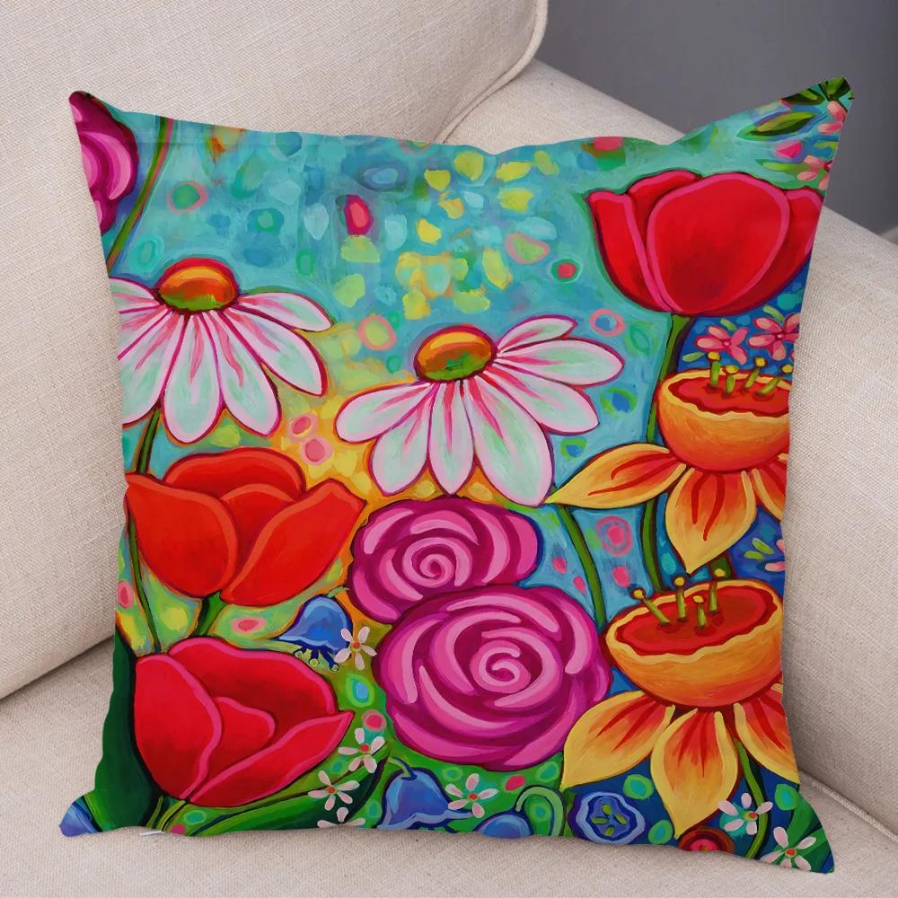 Nordic Watercolor Flower Pillowcase Soft Plush Decor Cartoon Floral Plant Cushion Cover for Sofa Home Children Room Pillow Case