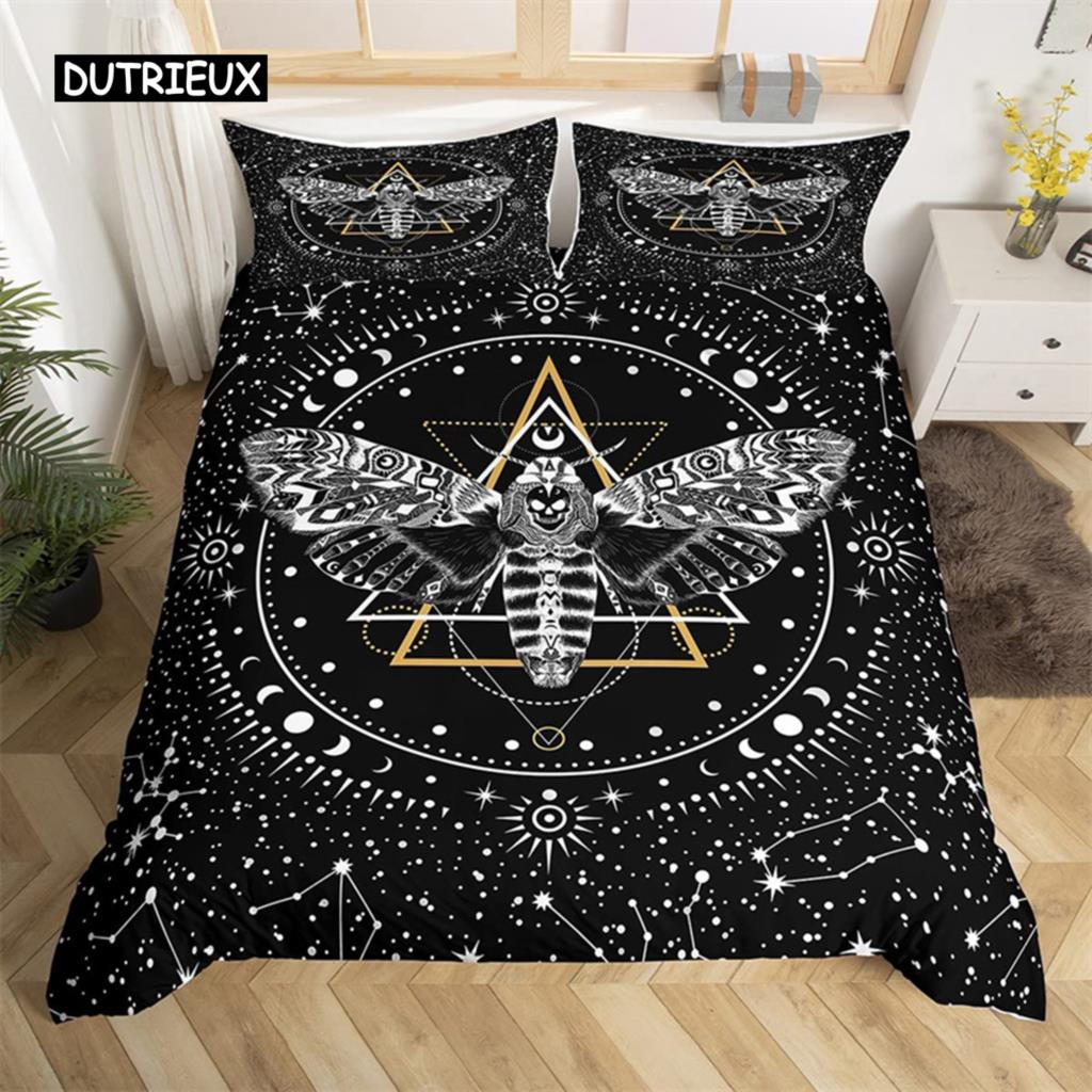 Schmetterling und Totenkopf-Falter Bettbezug Queen Gothic Schädel Blume Sternenhimmel Mond Bettwäsche-Set Polyester Boho Exotisch Schwarz Steppdecke