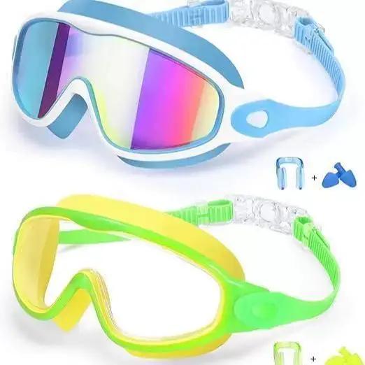 2 Pack Anti-Fog Anti-UV Swimming Goggles HD Diving Goggles with Earplugs Anti Choking Women Men Large Frame Silicone Swim Ggles
