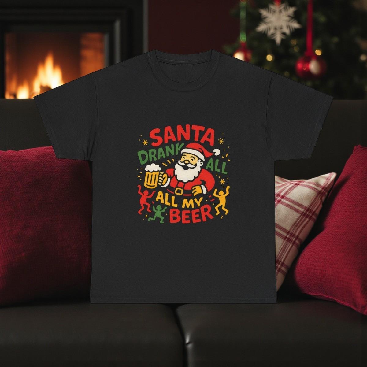 Santa Drinking All My Beer T-Shirt | Funny Christmas Beer Tee M