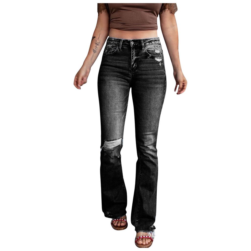 Women's New Fashion Hole High Waist Retro Elastic Slim Micro Flared Pants