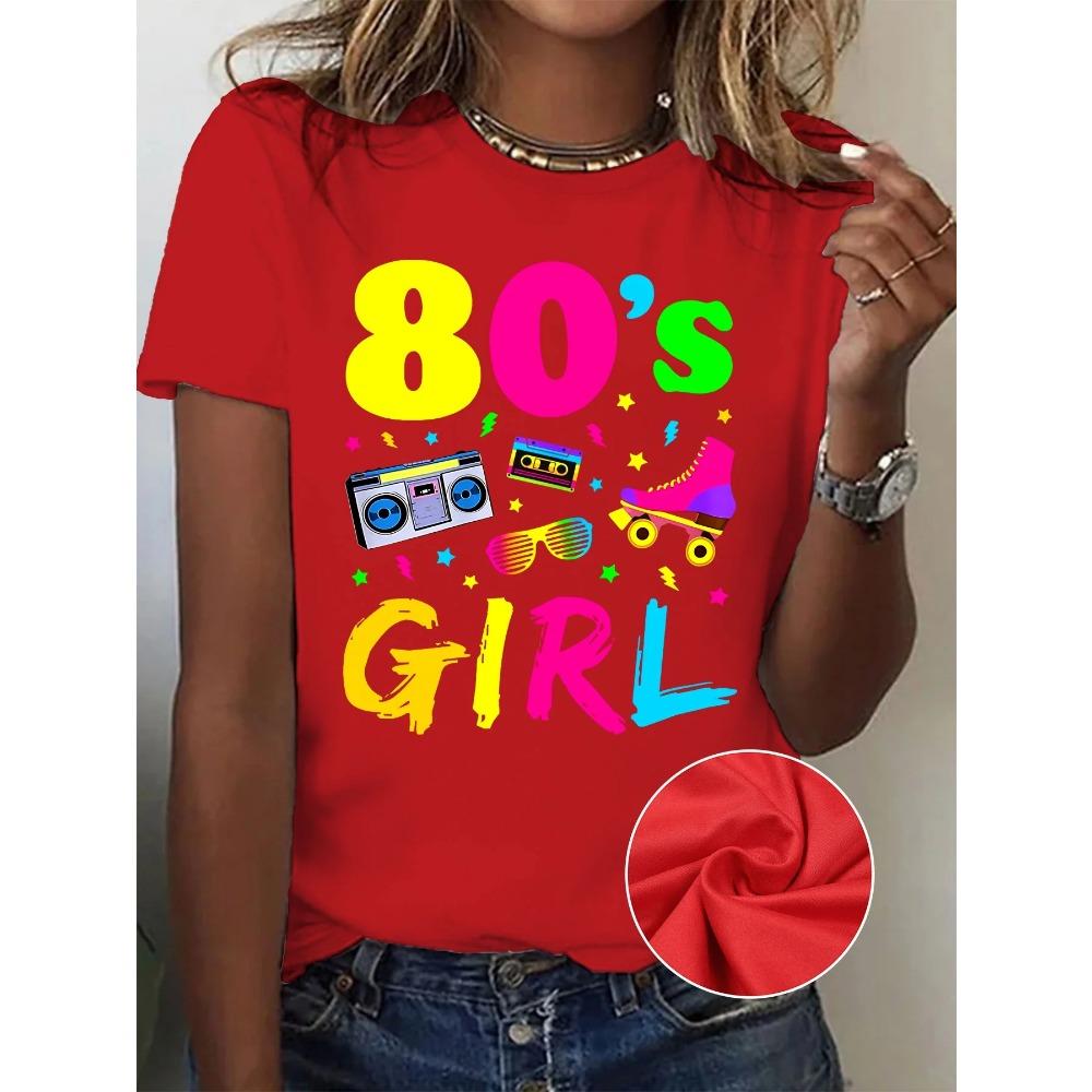 Sleeve Polyester Spandex Blend Crew Neck Medium Stretch Graphic Shirt Girl Retro Radio and Roller Skates Print T-Shirt Casual