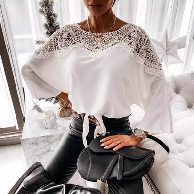Spring and Autumn Women's Long Sleeve Lace Blouse Solid Colour Commuter Round Neck Tops