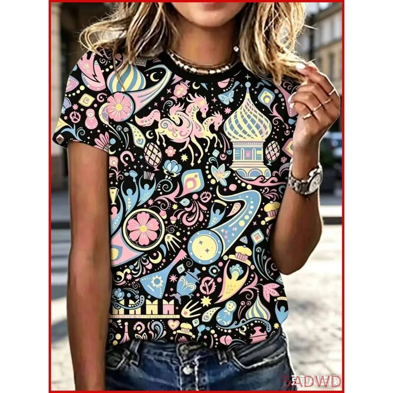 Moda Donna Girocollo Manica Corta Stampa Colore 3D Casual T-shirt Casual a Manica Corta Girocollo