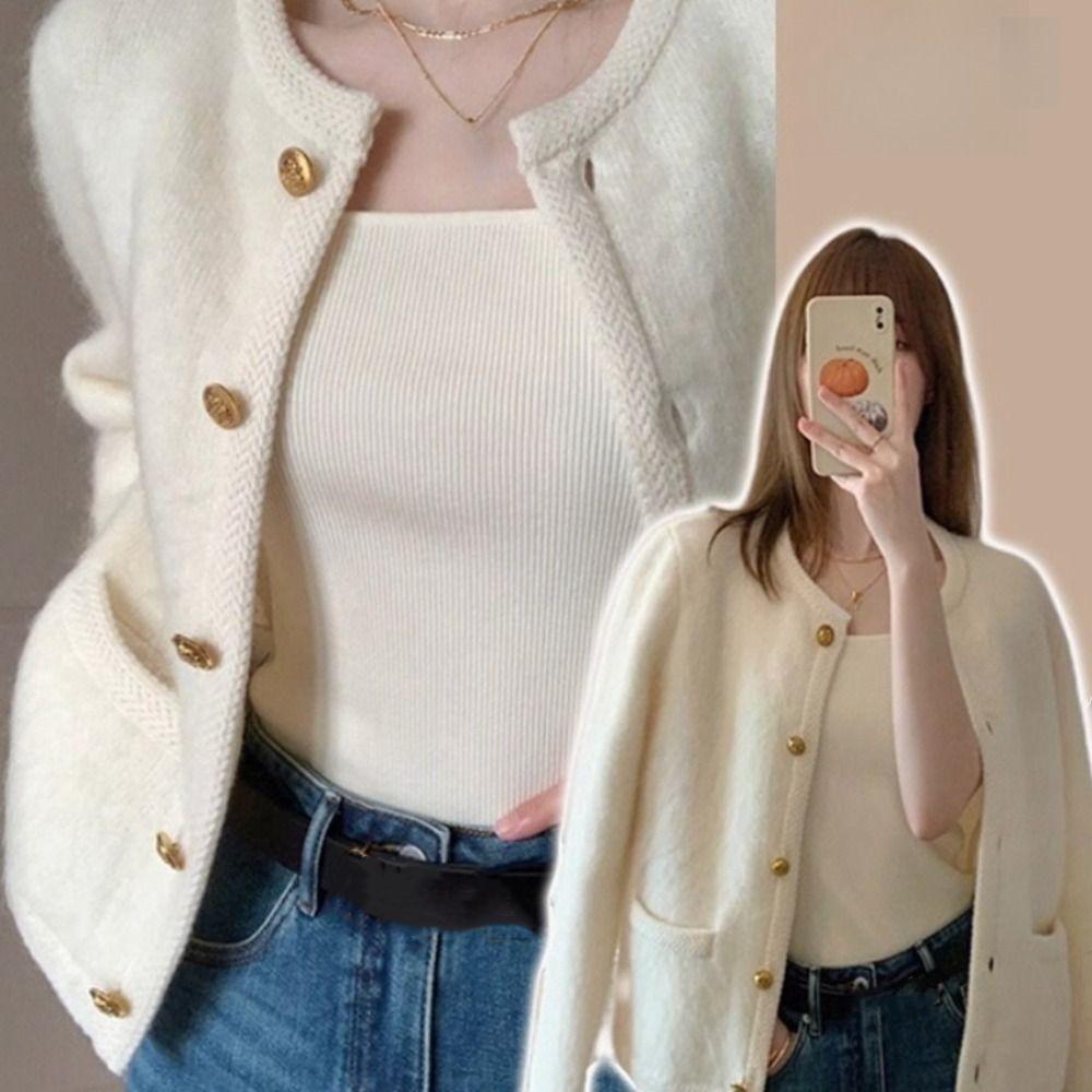 

Elegant White Sweater O-neck Knitted Coat Sweet Women Cardigan Sweater Autumn M