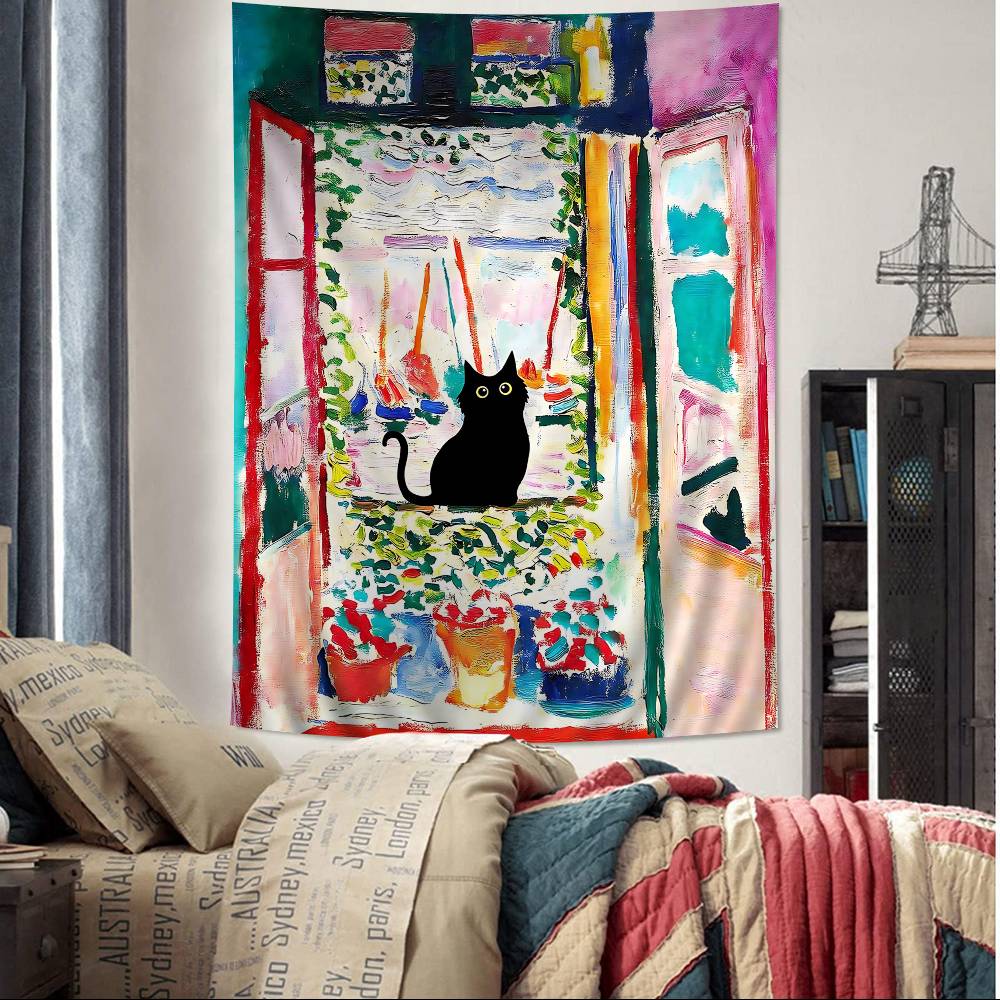 Black Cat Van Gogh Hippie Wall Hanging Tapestries Bohemian Wall Tapestries Mandala INS Home Decor