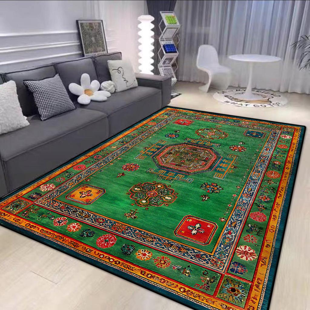 Persian Style Big Size Green Carpet Living Room Non-slip Easy Cleaning Coffee Tables Mat Soft Foldable Dining Room Decor Rug