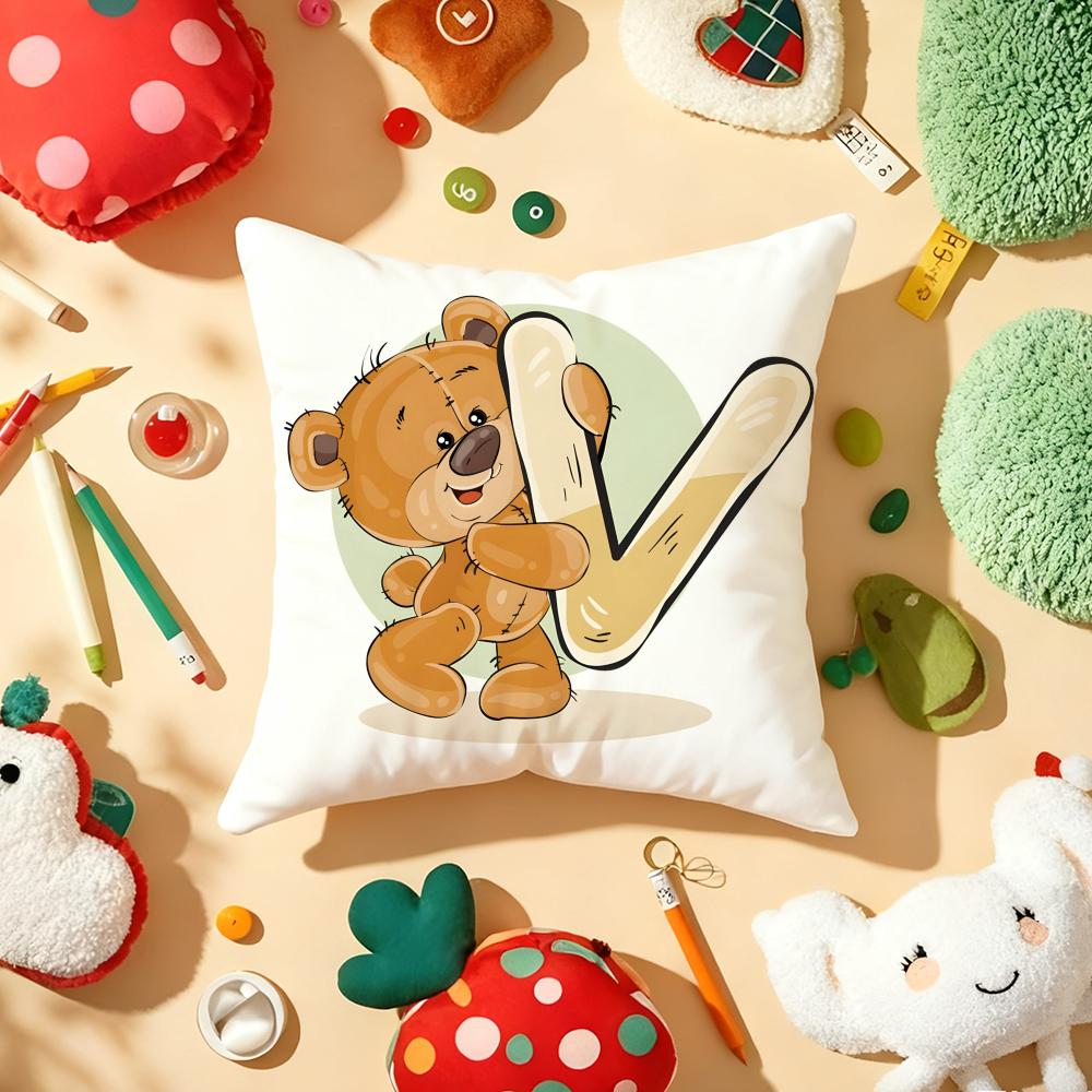 Cute Cartoon Bear Animal Letter Cushion Cover Plush Fabric Soft DoubleSided Printed Sofa Warm Winter Home Gift Pillow Cover