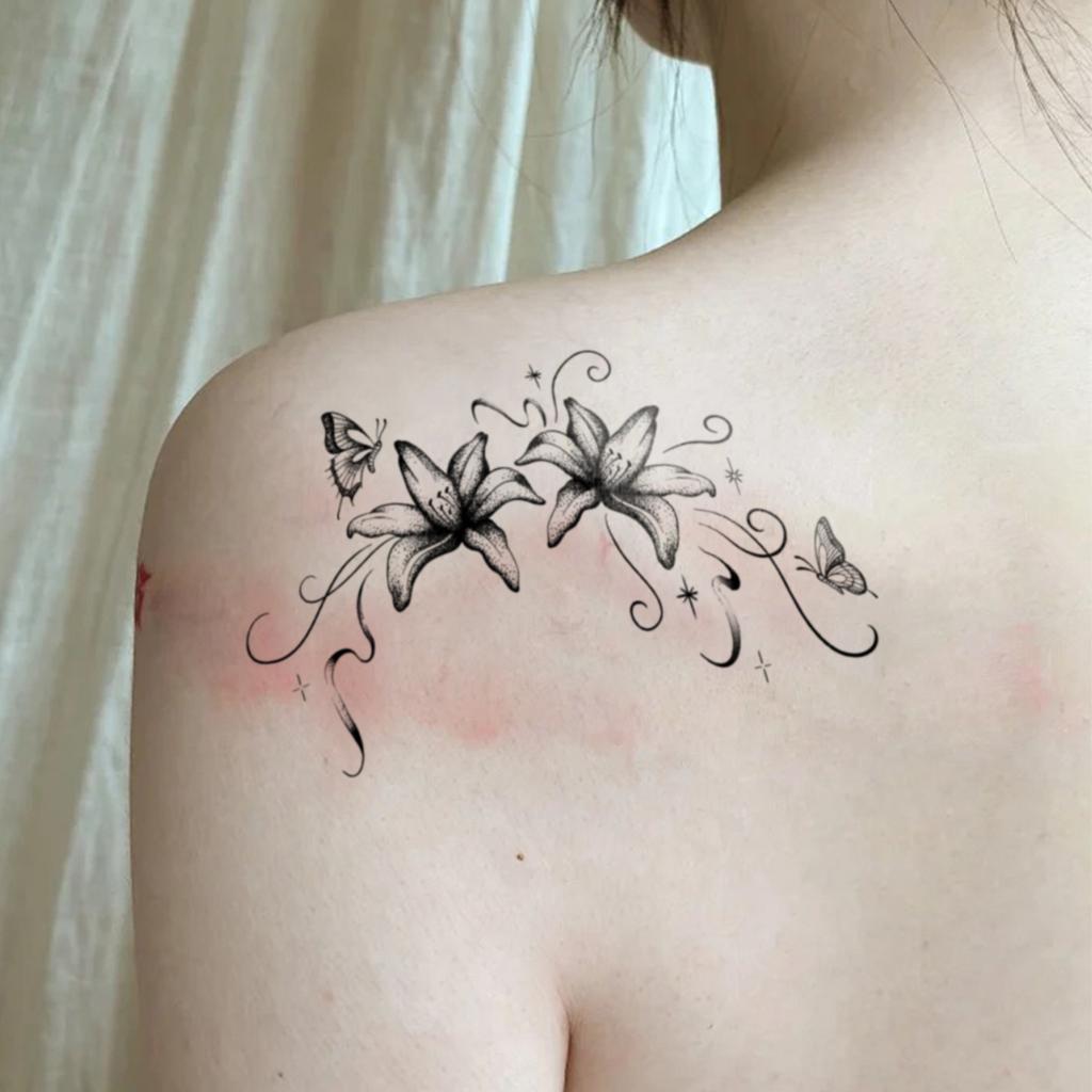 Black And Gray Lily Butterfly Tattoo Sticker, Waterproof And Long-Lasting, Gentle Chest And Back, Simulated Tattoo Sticker.
