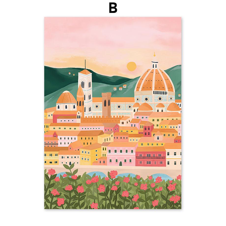 Santorini Lemon Coffee Flowers Abstract Landscape Posters and Prints Wall Art Canvas Painting Pictures For Living Room Home Deco