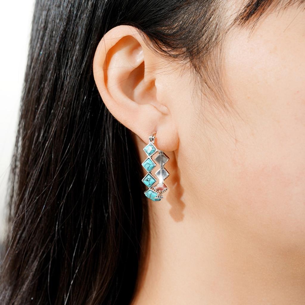 Retro Boho Geometric Zigzag Turquoise-Tone Hoop Earrings
