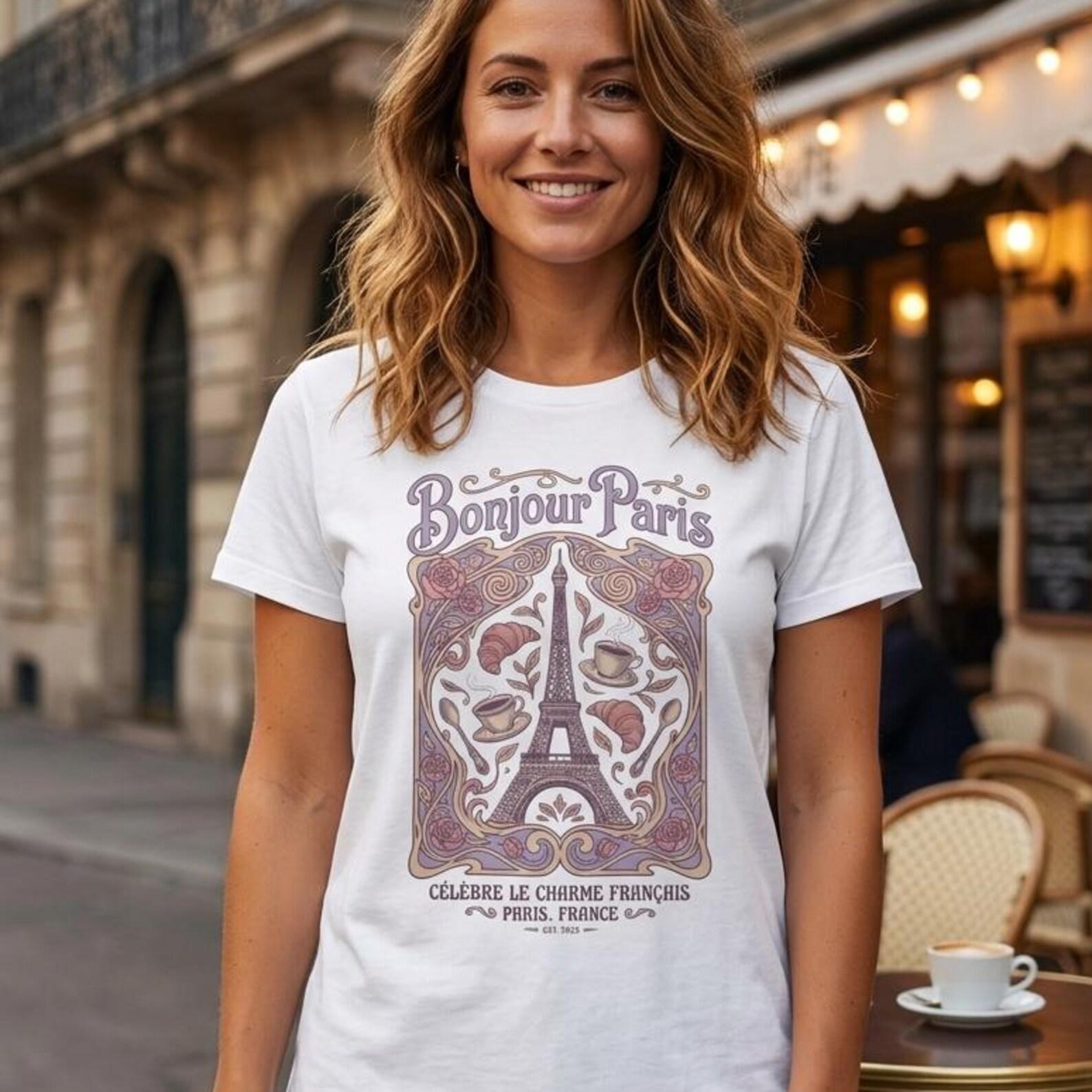 Bonjour Paris Eiffel Tower Graphic Tee | Vintage French Travel Souvenir Shirt 2XL