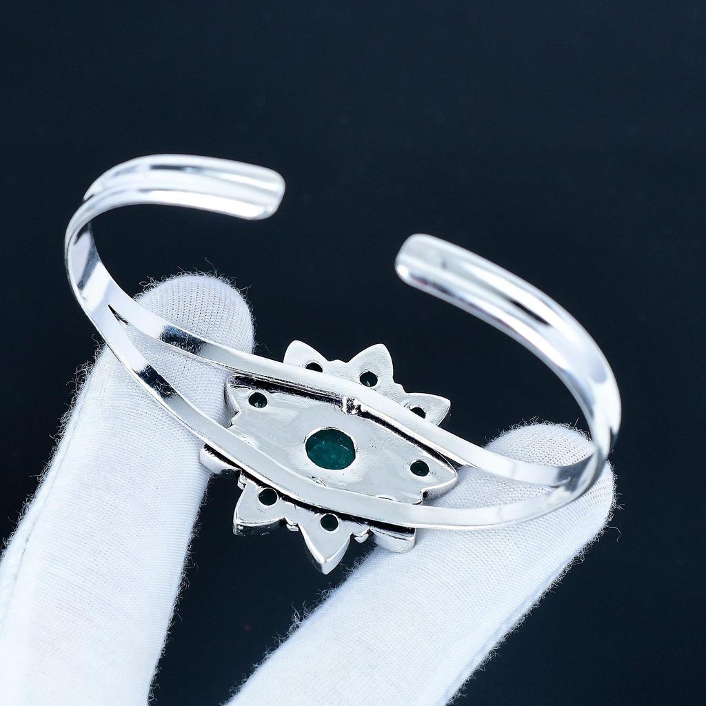 Amazonite Gemstone Handmade Cuff Bangle 925 Sterling Silver Cuff Bangle, indicolite Flower Shape Bracelet For Wife, Unisex Bangle, Wife Gift