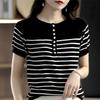 Striped Round Neck Eight-button Knitted Short-sleeved Womens Summer Breathable Sweat-absorbing T-shirt Comfortable Fit and Simple Versatile Top