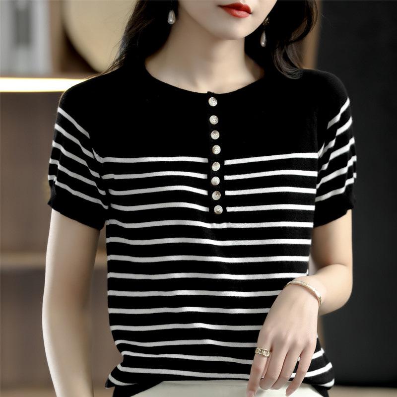 Striped Round Neck Eight-button Knitted Short-sleeved Womens Summer Breathable Sweat-absorbing T-shirt Comfortable Fit and Simple Versatile Top