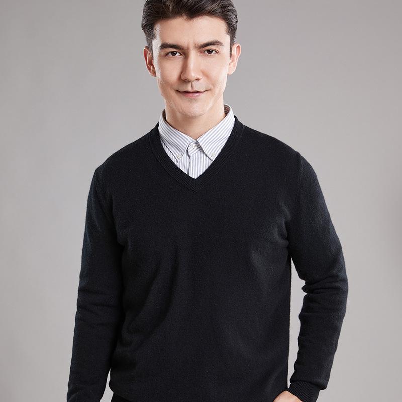 Men's 100% Pure Wool V-Neck Sweater, New Autumn/Winter Business Casual Soft Knit, Long-Sleeve Base Layer.