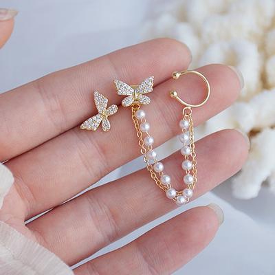 Micro-inlay Butterfly Wings Pearl Chain Rear Hanging Ears Earrings For Women Stud Earring Jewelry