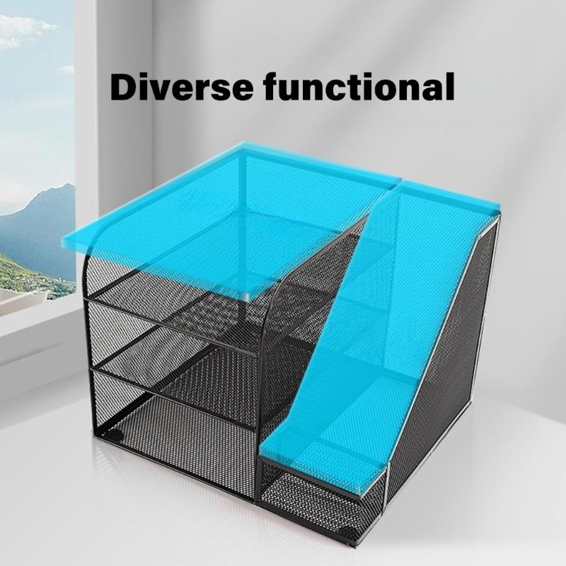 Desk Paper File Tray Organiser 3-Tiered Metal File Letter Tray With Book Rack Space Saving Document Organiser For Office