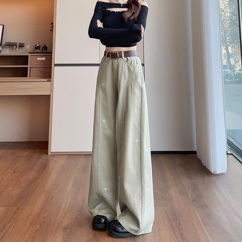 Women's Retro Fireworks Rhinestone Denim Jeans: Stylish Wide-Leg, Floor-Length Pants