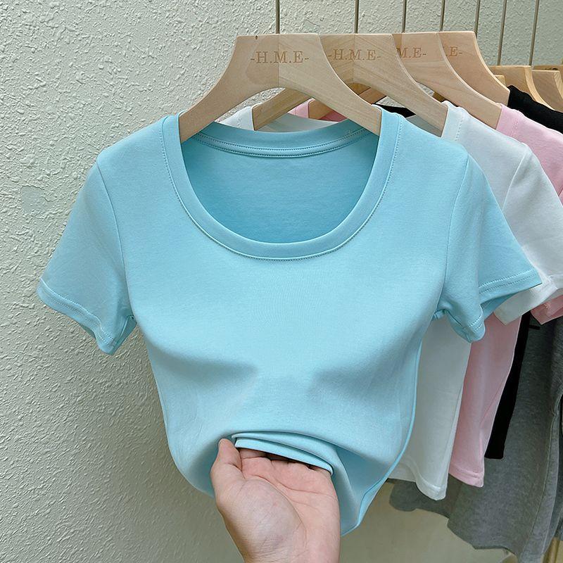 Real Shot Pure Color round Neck Cotton Short Sleeve T-shirt Summer New Arrival Women's Low Collar Pure Color Short Tops Plaid Inner Wear
