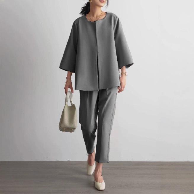 2024 Summer Casual Loose-Fit Solid Color Professional Suit Jacket Two-Piece Set