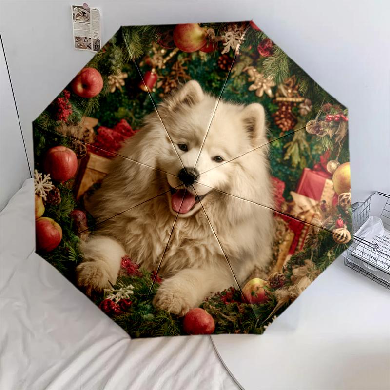 Happy Samoyed Pattern, Automatic Folding Umbrella, Portable and Foldable Design, 8 Ribs, a Christmas or Birthday Gift.