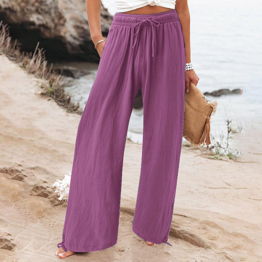 Women's Casual Fashion Color Elastic Waistband Pocket Wide-Leg Straight-Leg Pants