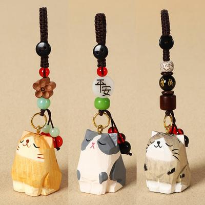 Beads Wooden Carved Cat Keychain Weave Rope Car Keyring Fashion Wood Kitty Dolls Pendant  Girl/Boy