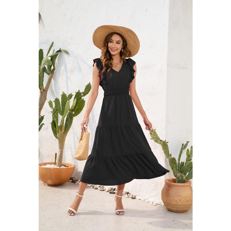 V-Ausschnitt Hohe Taille Langes Kleid Lässig Urlaubsreise