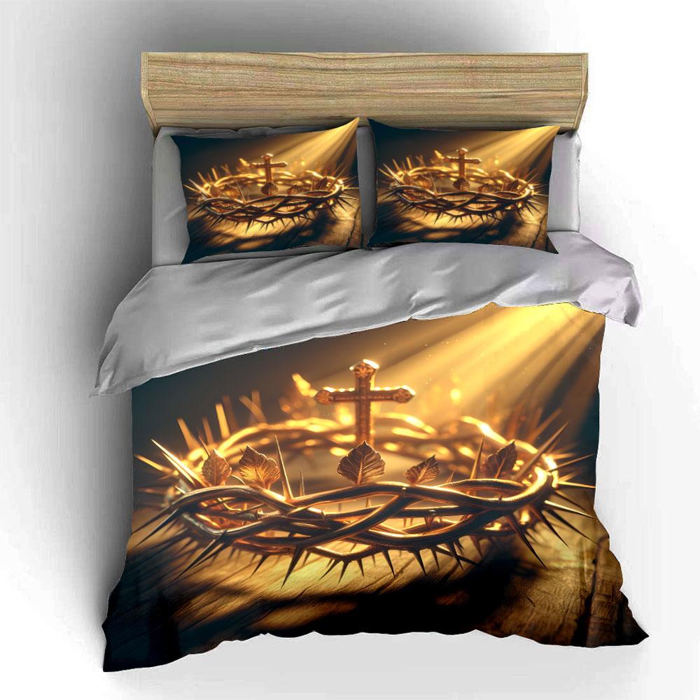 Golden Crown And Cross Set Suitable For Kid'S And Adults' Bedroom Decor, Exquisite Three-Piece Bedding Set Gift